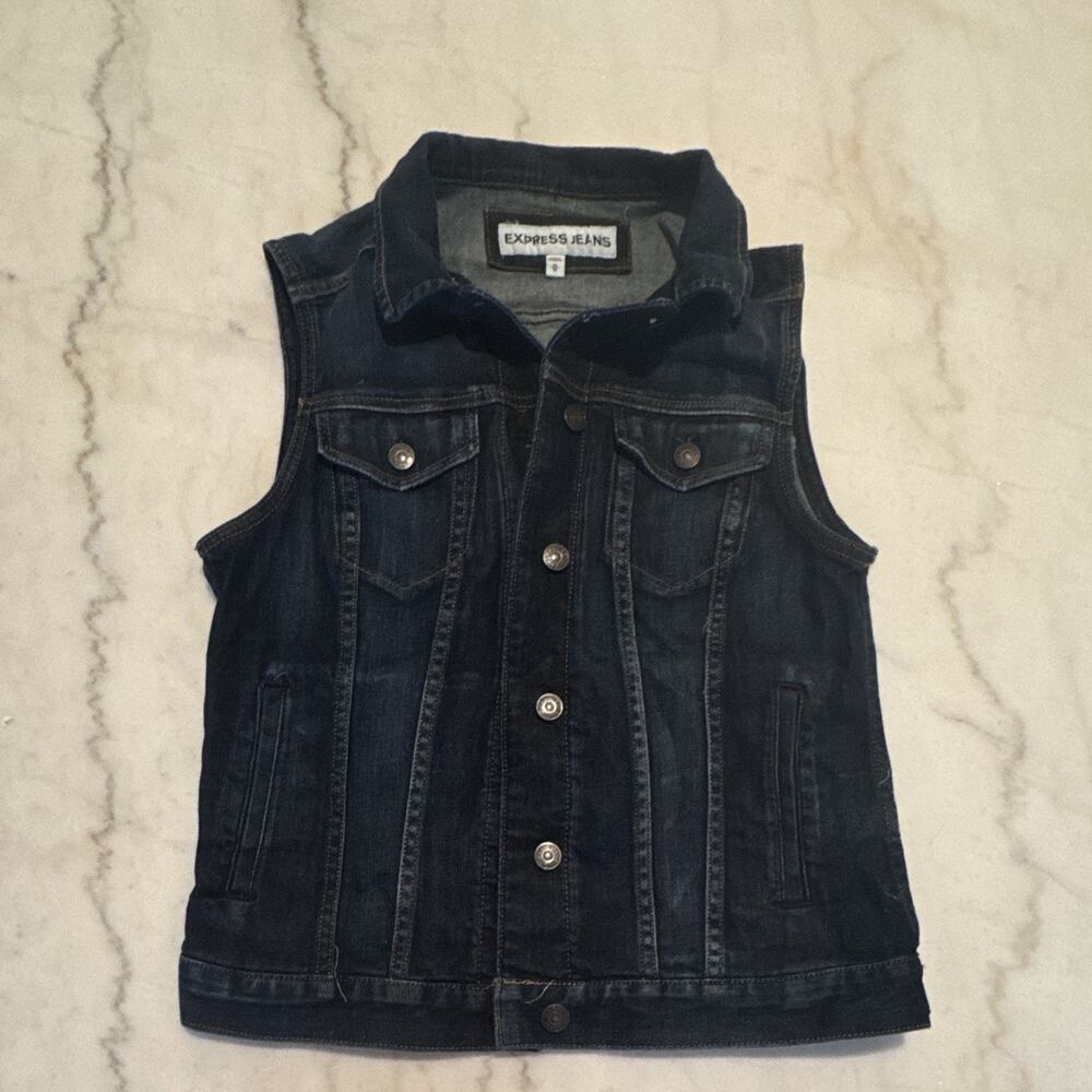 Express Jeans Womens Blue Denim Vest Sleeveless Button Front Pockets Size M 0167